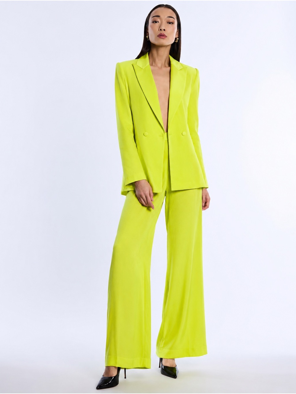 BCBGMaxAzria Neon Lime Tailored Blazer and Wide-Leg Trousers